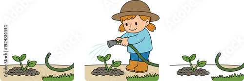 Cute cartoon child watering plants in garden vector illustration set showing happy kid gardening activity isolated on white background