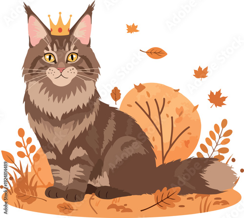 Majestic Cat King Autumn Scene with Golden Crown and Leaves