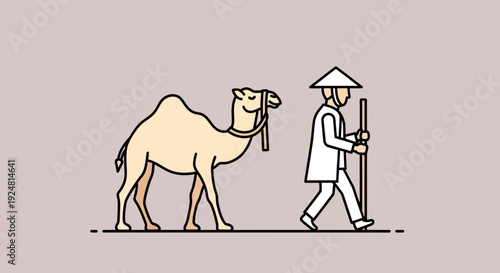 Camel Caravan Journey: Man in Conical Hat Leads Camel Across Desert Landscape
