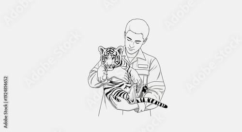 Caring man holding a cute baby tiger cub, conservation concept, black and white line art illustration