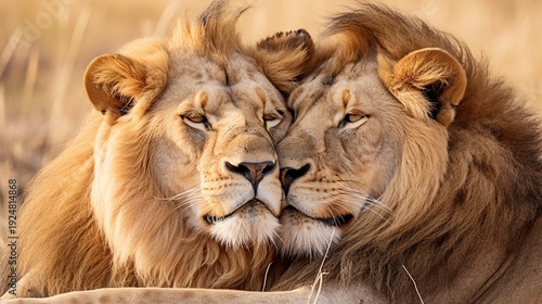 Two adult male lions cuddling in a sunlit savannah on a windy golden afternoon