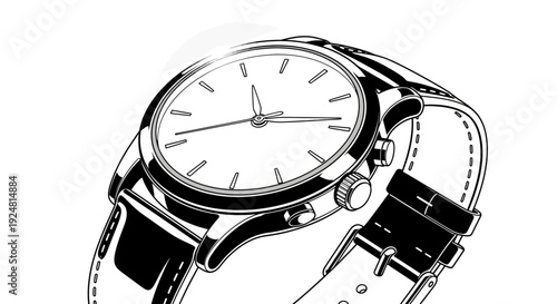 Classic Wristwatch, Black Leather Strap, Minimalist Design, Isolated on White Background