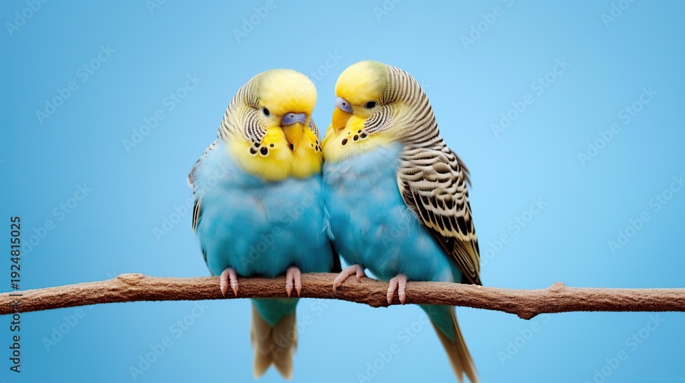 Fototapeta premium Two Blue-and-Gold Macaws Perched on a Branch Against a Bright Blue Gradient