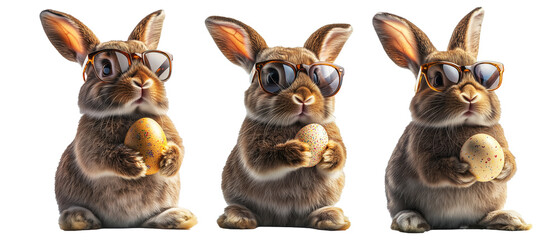 Set of brown rabbit wearing stylish sunglasses, holding Easter egg in paws isolated on white transparent background