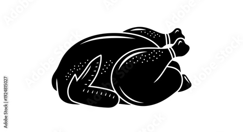 Black silhouette of a whole raw chicken, isolated on white background. Top view.
