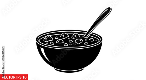 Bowl of Stew with Spoon - Black and White Vector Illustration