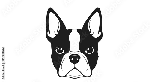 Boston Terrier Dog Face Portrait, Black and White, Minimalist Vector Illustration