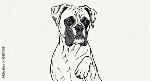 Boxer Dog Portrait, Black and White Line Art, Hand Drawn Illustration, Studio Shot, Paw Up
