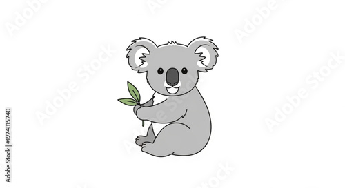 Cute gray koala bear sitting and holding green leaves on white background illustration