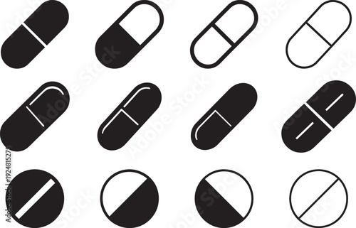Medical capsule and pill icon set black solid and outline pharmacy tablet bundle
