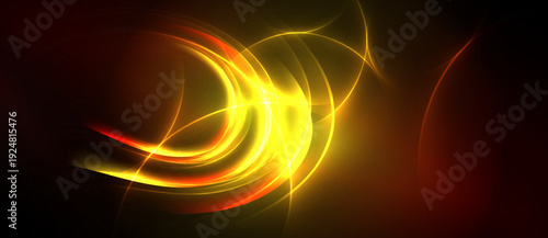 Bright yellow, orange lines swirl against dark background. Abstract energy radiates, creating dynamic visual impact. Smooth curves dominate composition.