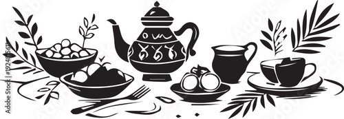 A monochrome illustration featuring a charming traditional tea or coffee break setting with snacks and elegant serveware.