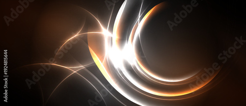 Abstract energy flows, vibrant orange, white curves against dark background. Dynamic composition evokes movement, light intensity.