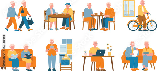 Senior people daily life activities vector illustration set featuring elderly men and women walking, talking, visiting doctor, and spending time together