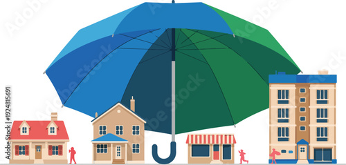Vector illustration of umbrella protecting houses and buildings symbolizing insurance coverage, property protection, community safety, and financial security concept