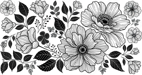 Black and white floral with detailed line and shading flower bloom petal leaf