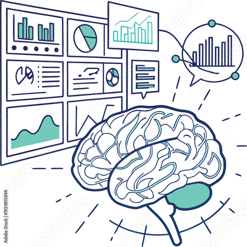 AI Analytics: Brain Connected to Data Charts, Graphs, and Screens for Insightful Decision Making Isolated white background