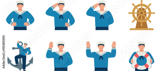 Sailor character vector set featuring navy seaman in different poses with ship equipment and maritime actions in flat cartoon style