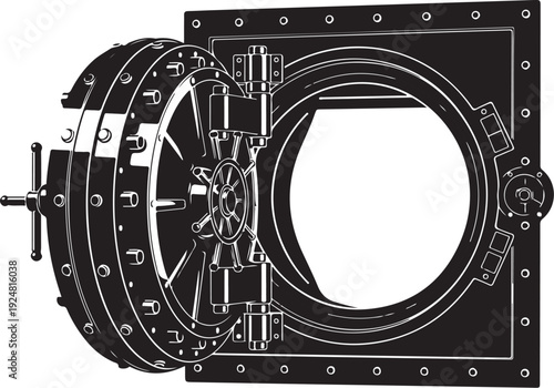 Black and white illustration of a bank vault door