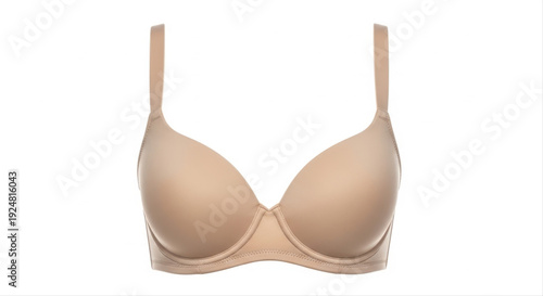 Beige padded bra isolated on a white background, showcasing sleek design and smooth fabric with supportive straps, perfect for intimate wear fashion
