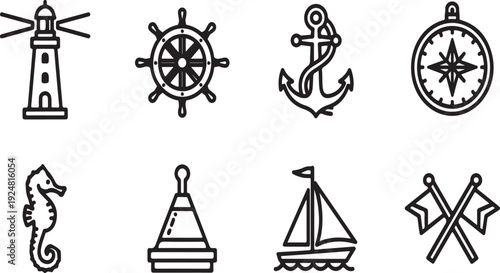 Assorted nautical icons representing various maritime symbols and equipment Vector