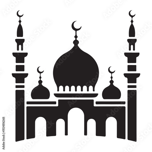 Stylized Black Mosque Silhouette with Arches Domes Minarets and Crescent Moons