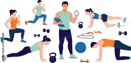 Men fitness workout character set vector illustration featuring strength training, cardio exercises, and gym equipment for healthy lifestyle and wellness