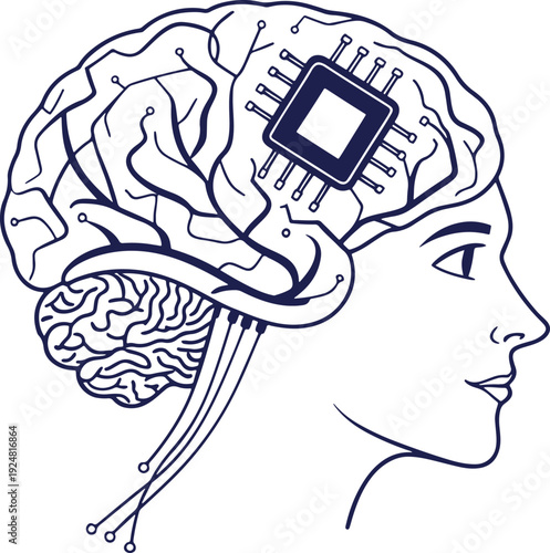 AI Brain Chip Integration in Human Head Profile: Concept of Artificial Intelligence and Augmentation Isolated white background