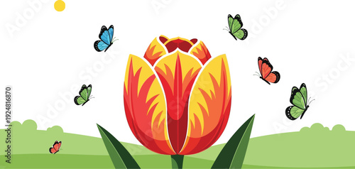A vibrant red and yellow tulip stands tall in a cheerful springtime garden scene, surrounded by an array of colorful butterflies gracefully fluttering under a bright sun.