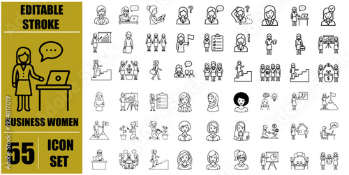 Collection of fifty five line icons depicting diverse business people and concepts