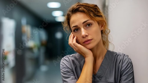 A contemplative healthcare professional revisits her thoughts in a corridor, showcasing the emotional weight of her responsibilities amidst the hustle and bustle of the medical environment.
