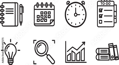 Icons representing various aspects of planning, organization, and research Vector