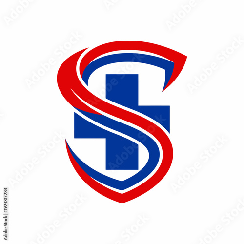 A modern and dynamic logo emphasizing health with a stylized cross and shield, representing security and wellness in a visually appealing manner for branding.