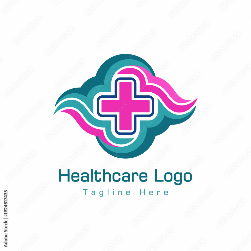 Obraz premium This logo features a modern healthcare symbol with vibrant colors and a cross, showcasing a blend of abstract shapes that convey health and wellness in a professional design.