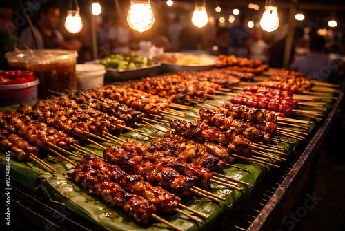 A diverse assortment of grilled skewers illuminated by overhead lights at a night market