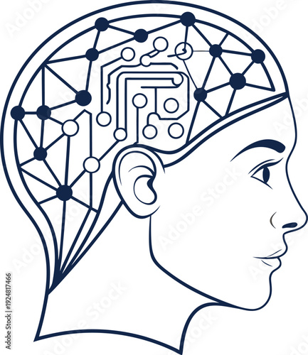 Artificial intelligence concept with human head outline and digital circuit board brain on white background Isolated white background