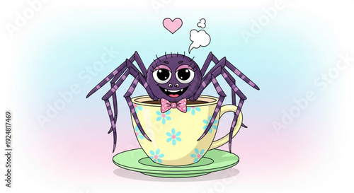 Smiling purple spider in a floral teacup with heart and thought bubble on pastel background