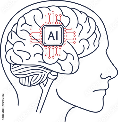 AI chip at the center of human brain outline, symbolizing the core of artificial intelligence technology Isolated white background