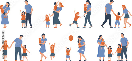 Happy family character vector set featuring parents and children playing, walking, hugging, and spending time together in flat cartoon style