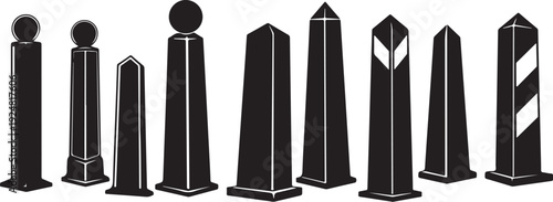 Various black and white bollards in different shapes sizes