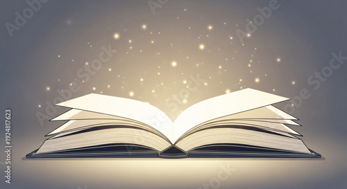 Open book with glowing pages and sparks flying out symbolizing knowledge and inspiration in a magical setting