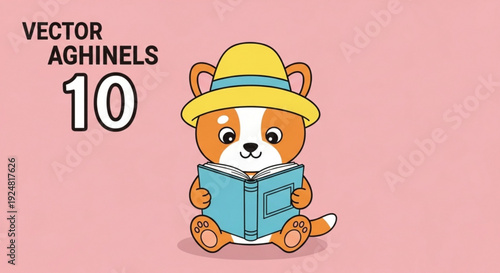 Cute cartoon dog wearing yellow hat reads blue book sitting on pink background