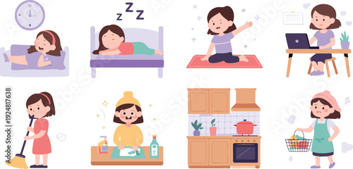 Girl daily routine character vector set featuring morning activities, cleaning, cooking, studying, and healthy lifestyle tasks in flat cartoon style