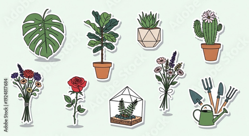 Variety of plants and flowers in pots and vases with gardening tools on a light background