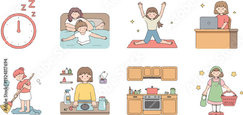Girl daily routine character vector set featuring morning activities, cleaning, cooking, studying, and healthy lifestyle tasks in flat cartoon style