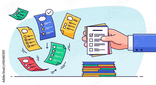 Hand holding paperwork with floating documents and organized files in background representing office work and document management