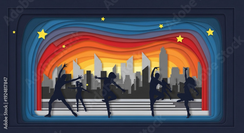 Silhouette of people dancing on city street at sunset with colorful sky and stars