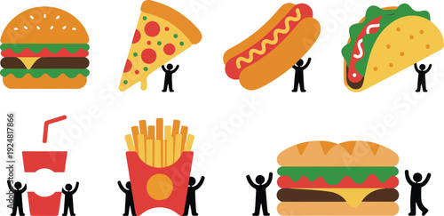 Funny fast food character vector set featuring tiny people holding burgers, pizza, tacos, fries, and snacks in flat cartoon style