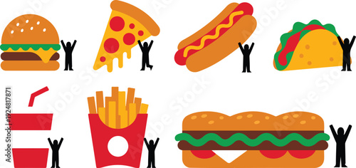 Funny fast food character vector set featuring tiny people holding burgers, pizza, tacos, fries, and snacks in flat cartoon style