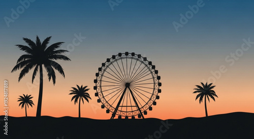 Silhouette of a ferris wheel with palm trees at sunset carnival ride at dusk with tropical landscape